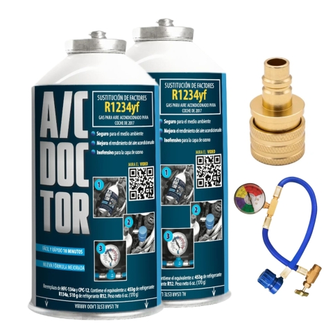 Kit 2 x gas R1234yf de aire acondicionado de coches a partir de 2017 + Manguera con manómetro y Adaptador R1234yf